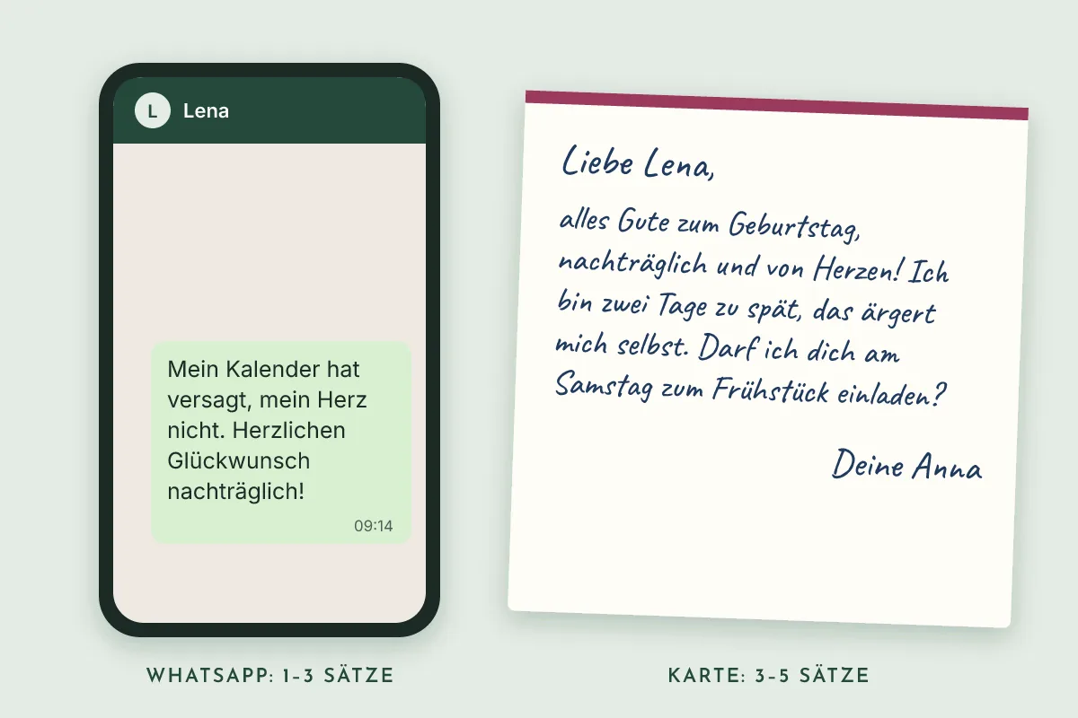 Kartenvorschau: links ein Handy mit der kurzen Nachricht „Mein Kalender hat versagt, mein Herz nicht. Herzlichen Glückwunsch nachträglich!“, rechts eine Karte mit einem längeren, ehrlichen Text und einer Einladung zum Essen