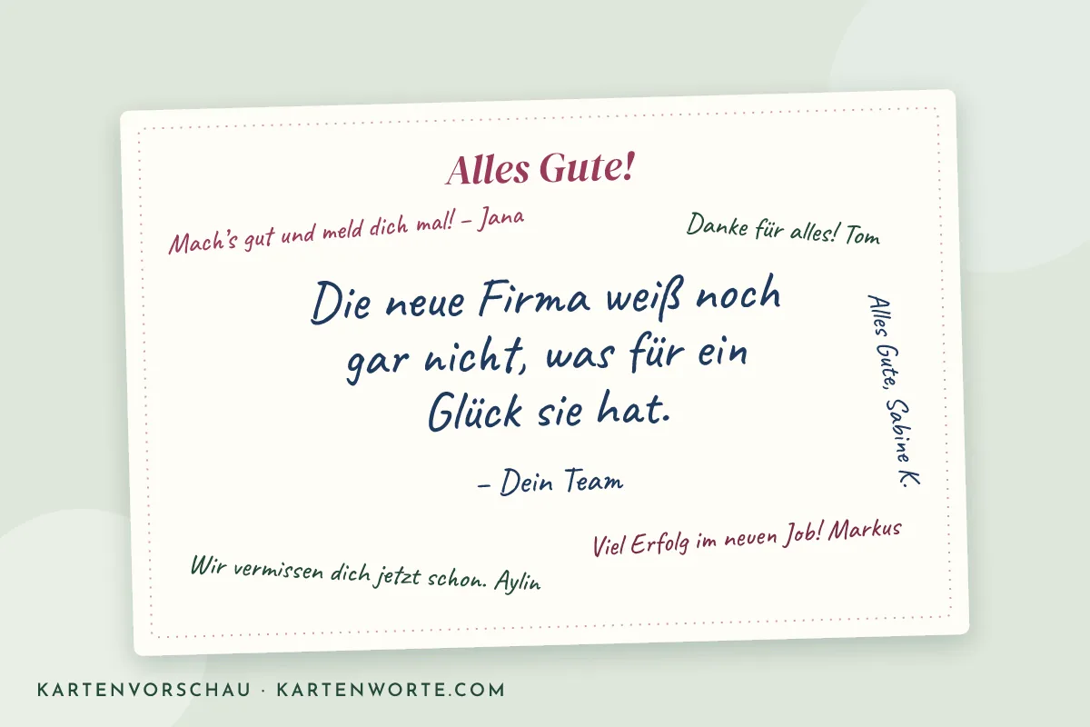 Kartenvorschau: Gruppenkarte mit dem Haupttext „Die neue Firma weiß noch gar nicht, was für ein Glück sie hat.“ und mehreren kurzen Grüßen von Kolleginnen und Kollegen am Rand