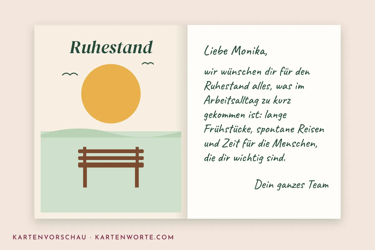 Kartenvorschau: aufgeklappte Klappkarte zum Ruhestand, links eine Parkbank unter der Sonne, rechts handschriftlich „Liebe Monika, wir wünschen dir für den Ruhestand alles, was im Arbeitsalltag zu kurz gekommen ist“